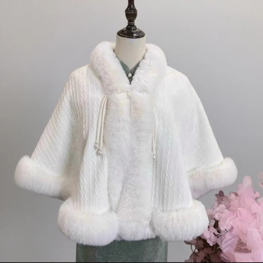 

New Velvet Thickened Imitation Otter Rabbit Fur Collar Shawl Cloak Warm Coat for Women