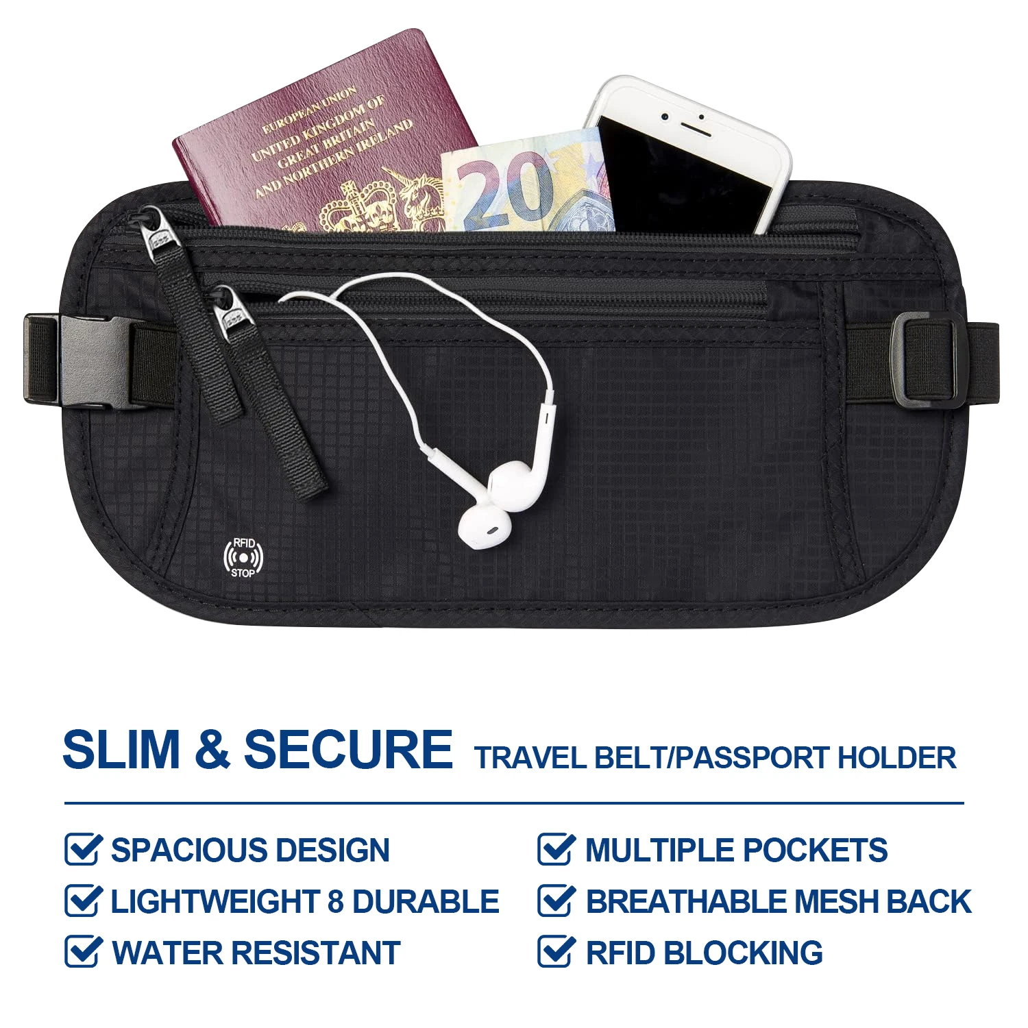 Travel Money Belt - Slim Passport Holder RFID Blocking Travel Pouch to Protect Cash, Credit Cards and Travel Documents