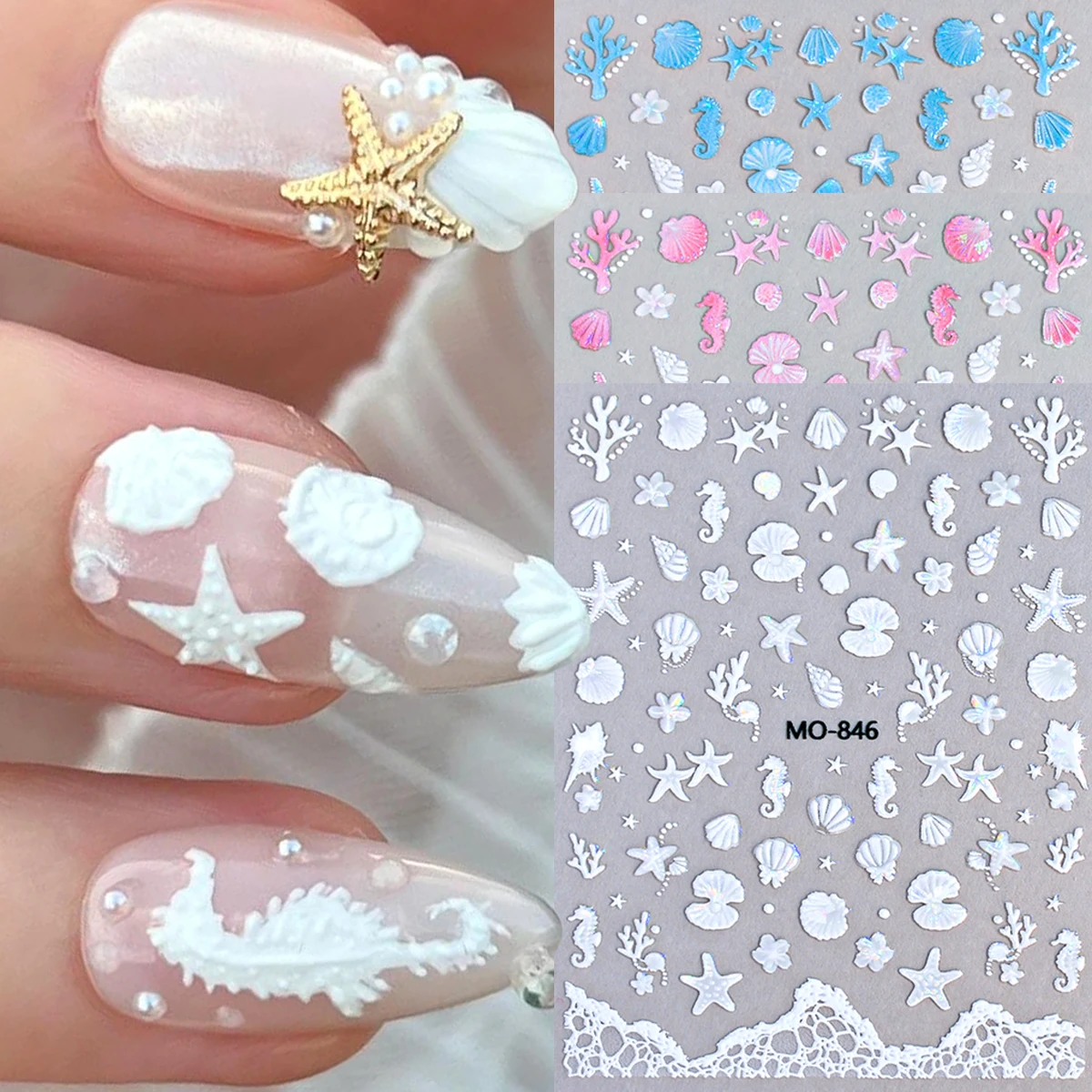 Ocean-Themed Nail Stickers, Dreamy Summer Seashell Starfish Embossed Nail Stickers, Conch Jellyfish Seaside Nail Decals.