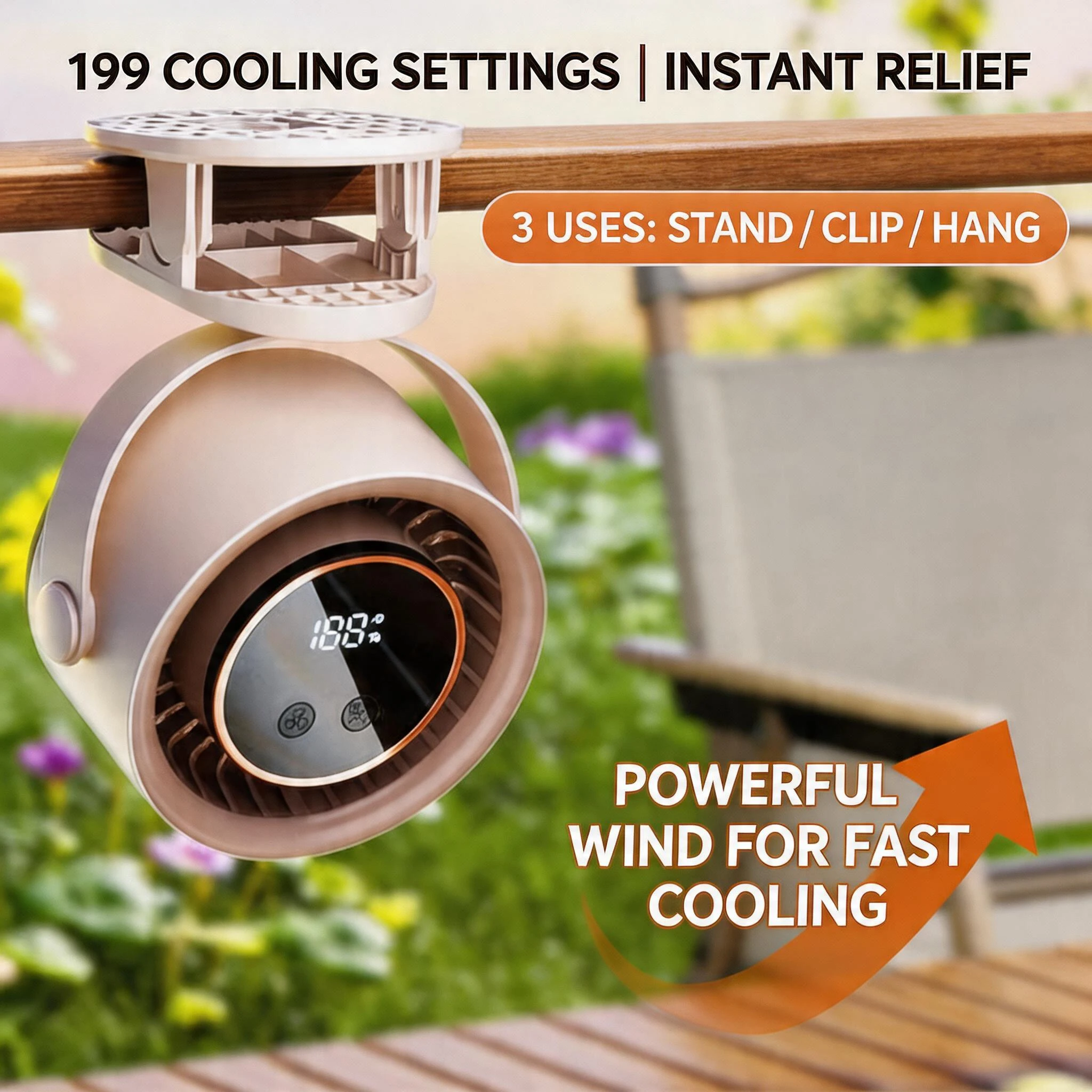 Wiederaufladbarer Clip-Ventilator mit LED-Display, ultra-leiser, 199-stufig einstellbarer Ventilator, 3-in-1 Mini-Ventilator für Zuhause & Outdoor (Tisch-/Clip-/Hängefunktion)
