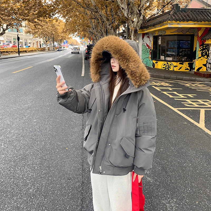 Inverno grande collo di pelliccia con cappuccio giacche utensili 2025 moda donna piumino imbottito in cotone cappotto manica lunga cappotti coreani tendenza