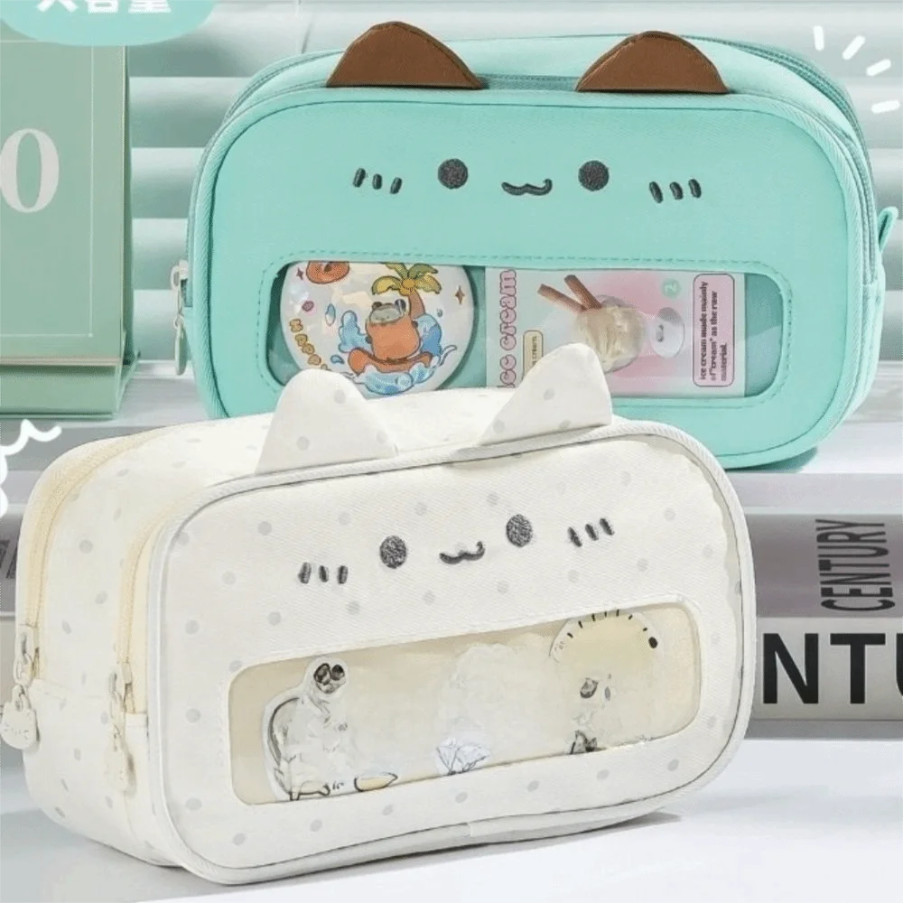 Cat Face Cat Ear Design Pencil Case Transparent Window Polka Dot Pen Bag See-Through Front Large Capacity Pencil Pouch Students
