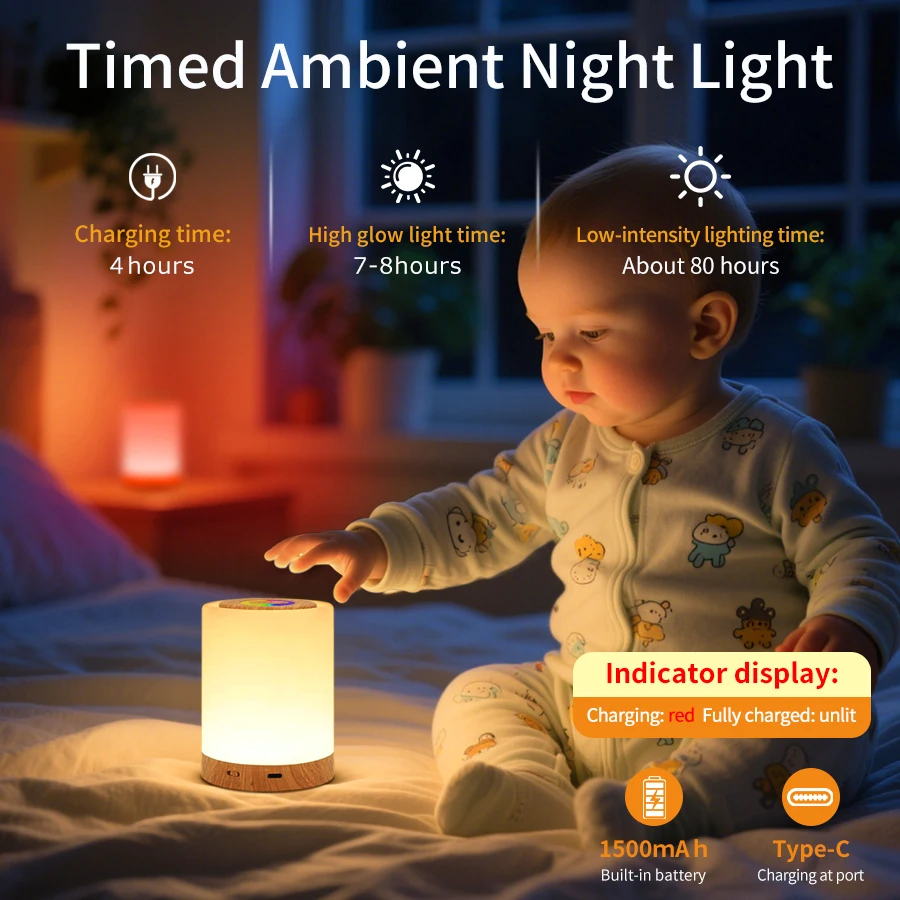 RGB LED Smart Touch Night Light | Rechargeable Table Lamp with TimerColor Brightness Dimming for Desk Reading Bedroom Decor