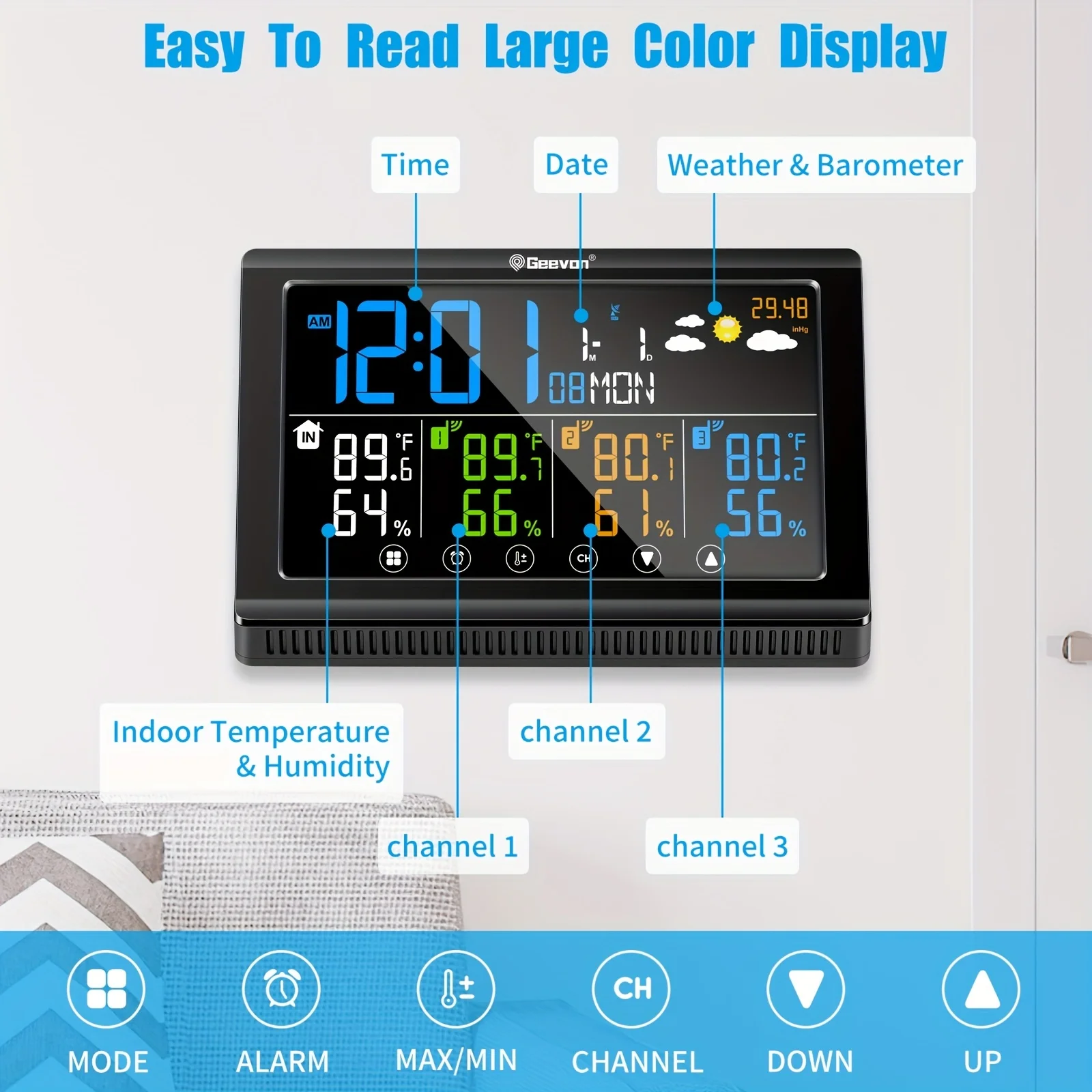 Geevon Weather Stations Wireless Indoor Outdoor Multiple Sensors, Large Color Display Weather Thermometer With USB Charge