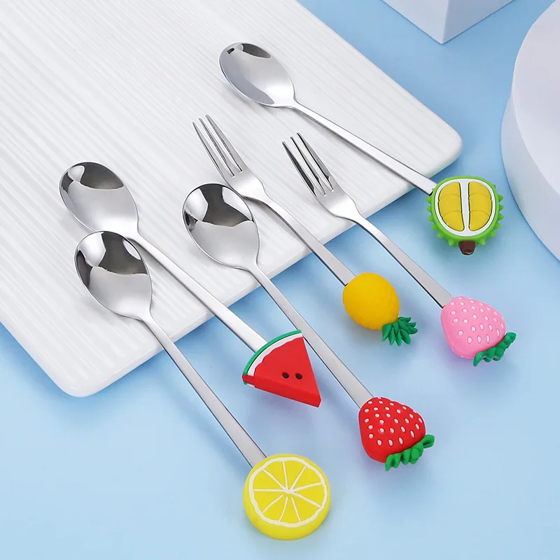 2pCS Stainless Steel Fruit Fork Coffee Spoon Color Fruit Pattern Stainless Steel Fork Simple  Mixing Spoon Dropship Dessert Tool