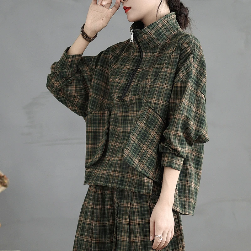 Conjunto Casual de Duas Peças em Aodão e Linho com Estampa Xadrez Retro, Manga Longa, Estilo Solto e Plus Size, Outono 2024