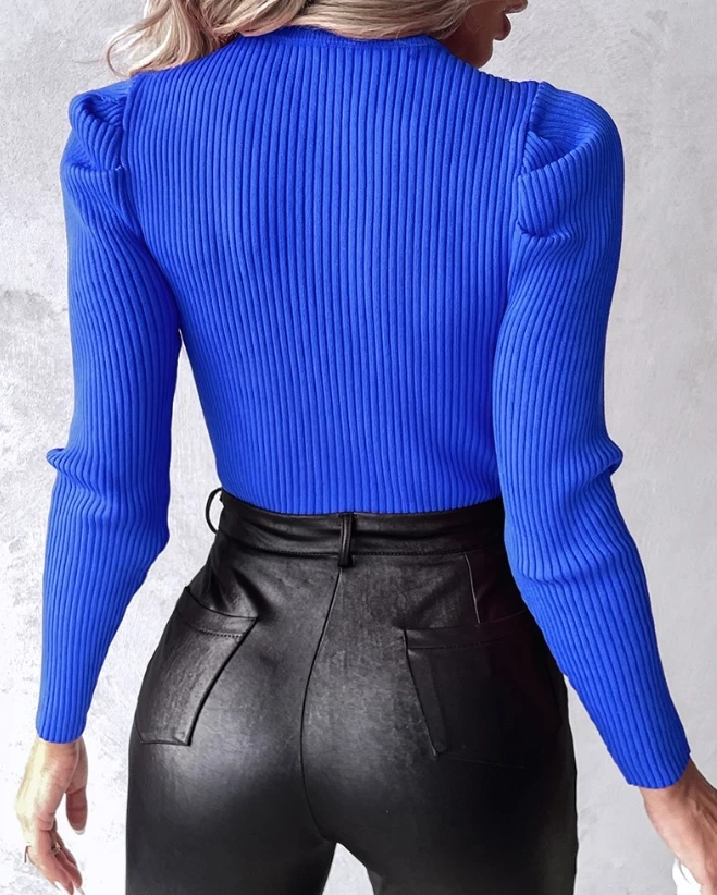 Women Sweater Spring Fashion Studded Rhinestone Hollow Out Keyhole Neck Casual Plain Long Sleeve Slim Daily Knit Sweater