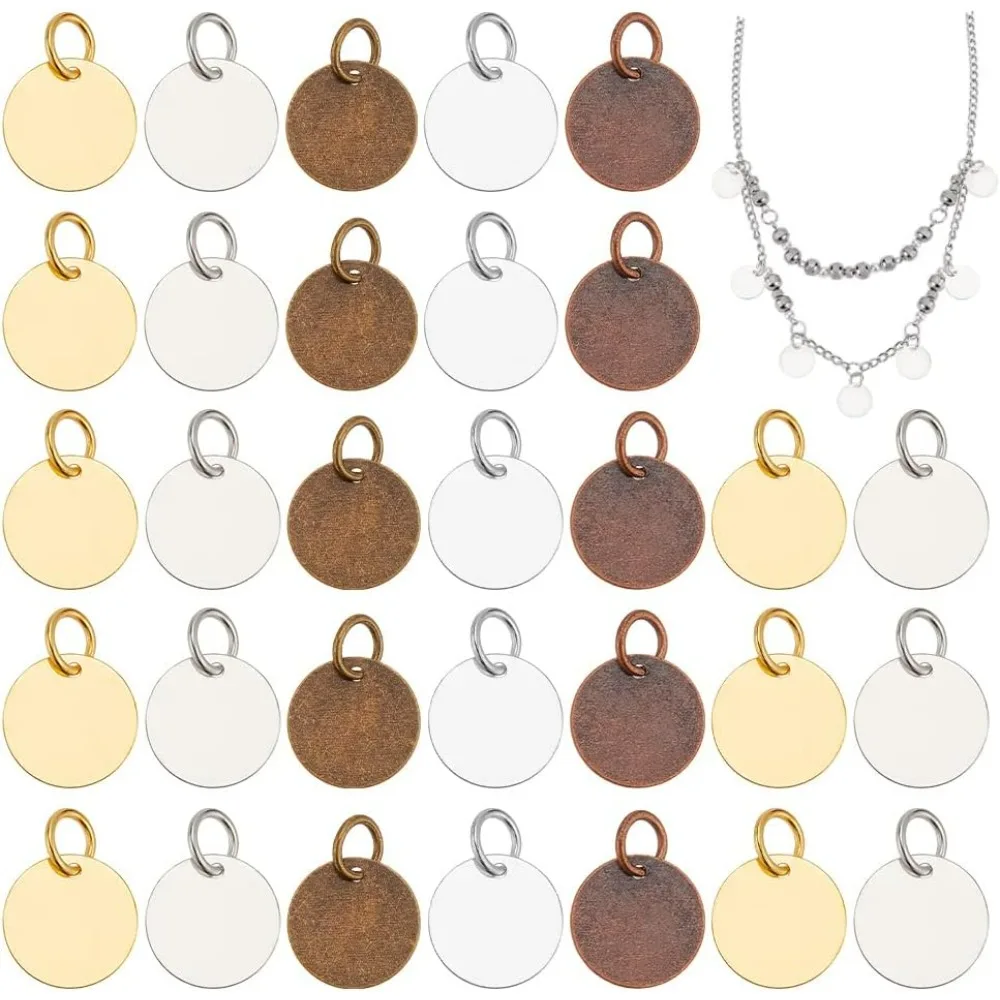 150pcs Blank Stamping Tag Pendants, 5 Colors 12mm/0.5 inch Message Word Tag Pendants Brass Flat Round Tags with Jump Rings for