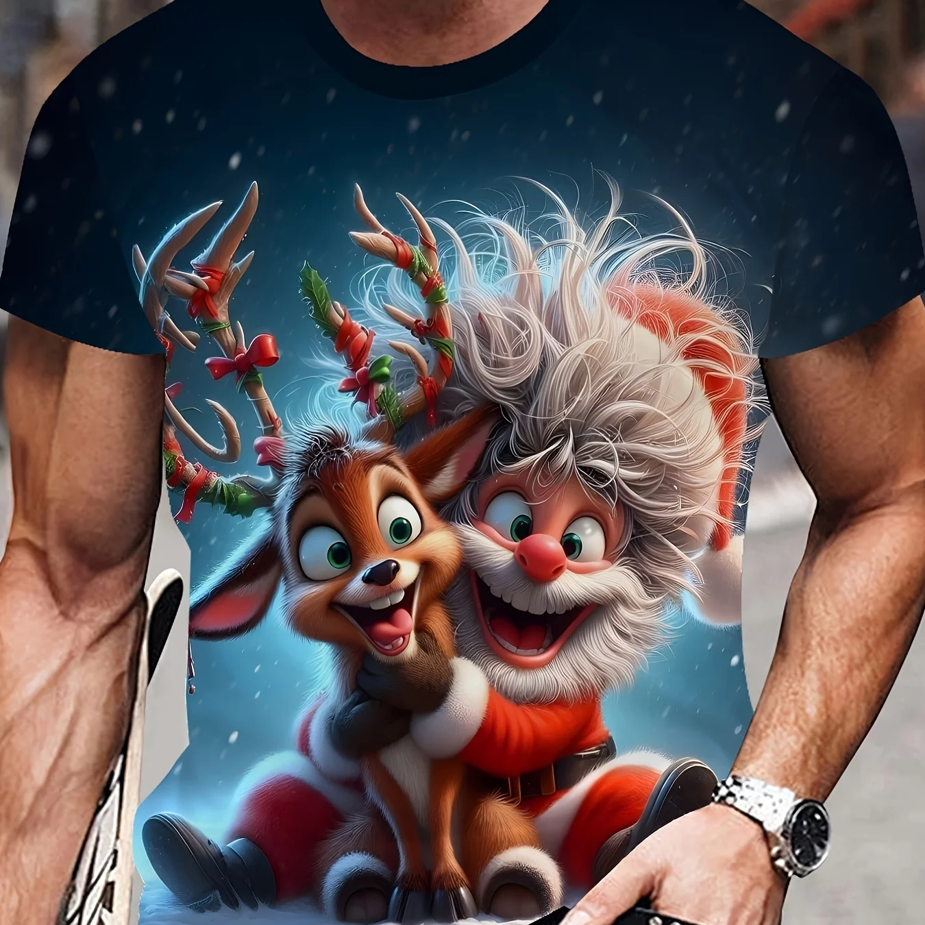 

3D Santa Claus Moose 3D Print Men's T-shirt Fashion Casual Short Sleeve Tops Christmas Theme Oversized New Year Y2k Men Clothing