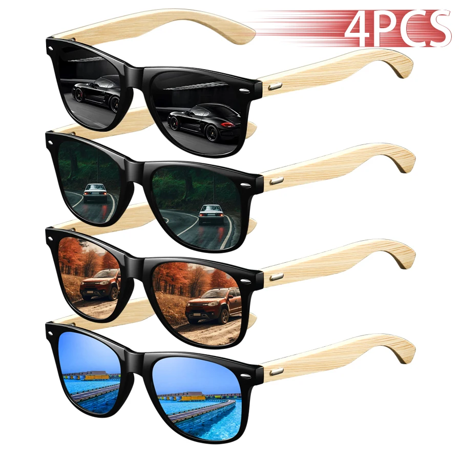 

4 шт. модные винтажные квадратные солнцезащитные очки из бамбукового дерева для мужчин и женщин, роскошные брендовые дизайнерские солнцезащитные очки для вождения, рыбалки, UV400, очки