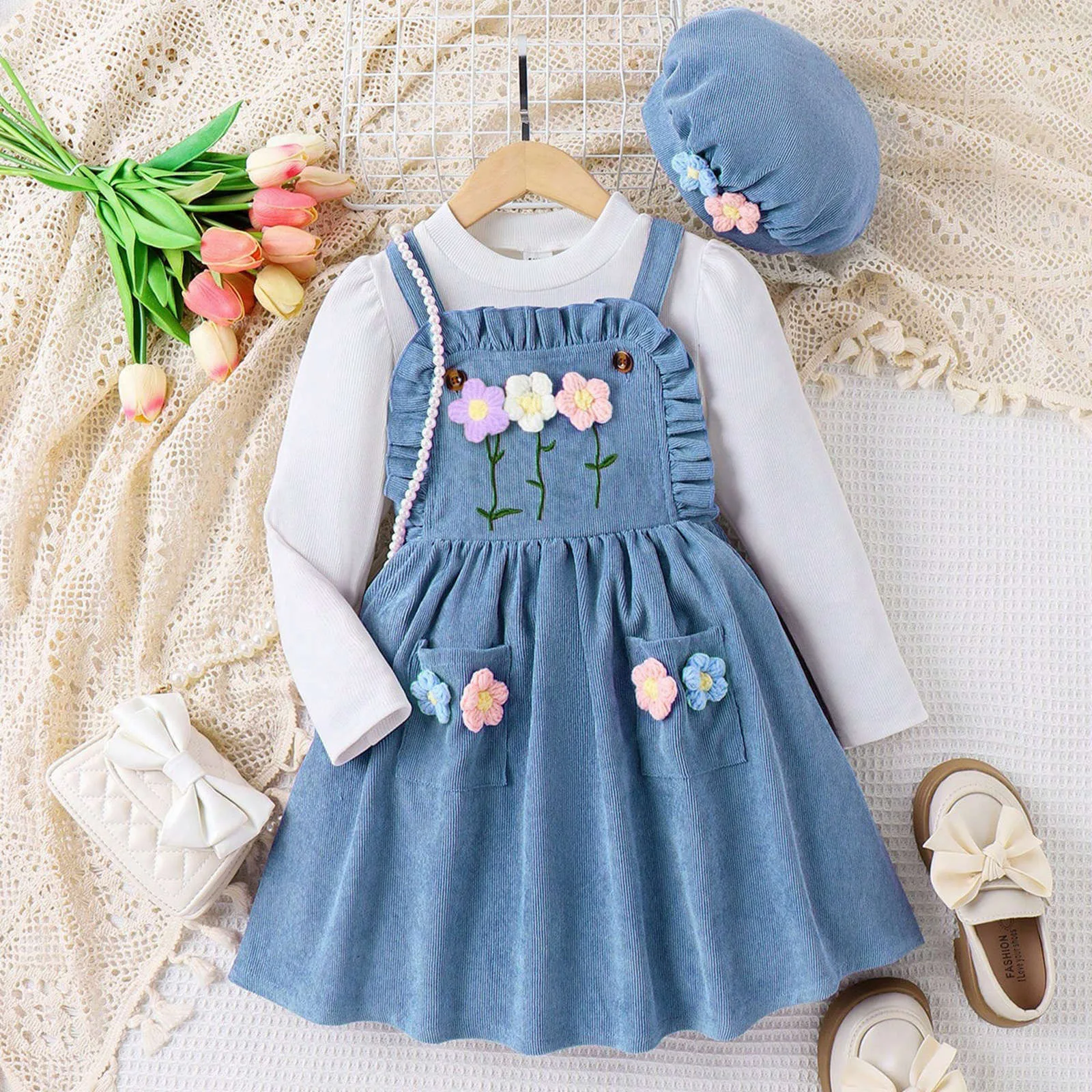 2024 Autumn Winter Girls Clothes Long-sleeved Top+Floral Splice Suspenders Dress+Cap 3 Pieces Set Casual Kids Clothes Age 3T-8T