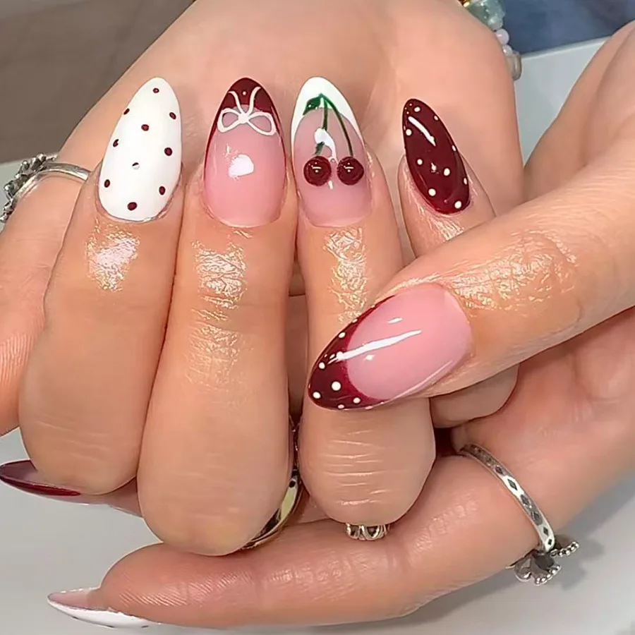 24Pcs Short Almond Polka Dot Bow False Nail Red Lips Design Full Art Lace Valentine's Day Press on Cat's Eye French Fake Nails 5