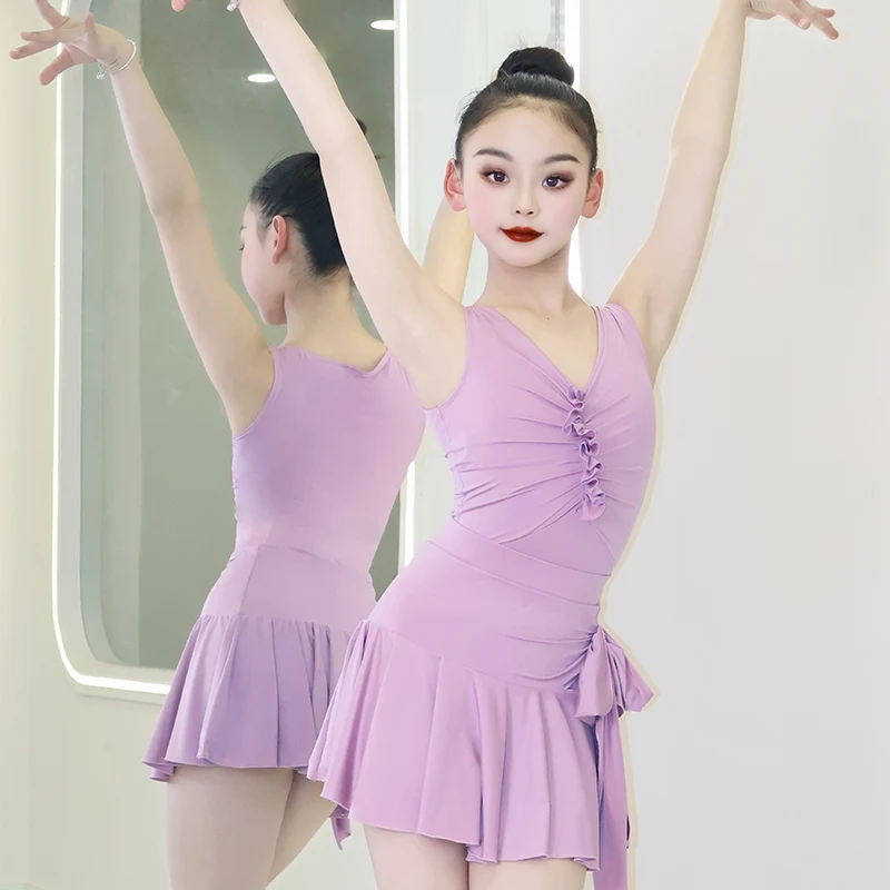 Summer Girls Latin Dance Clothes Sleeveless Purple Dress Kids Cha Cha Rumba Samba Dance Practice Training Dress Suit DNV22909