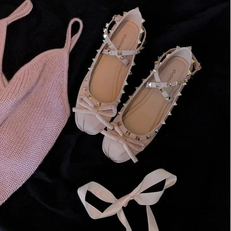 Ballerine incrociate unghie di vimini poco profonde francesi a fondo piatto Mary Jane scarpe da fata scarpe delicate fiocco di latte donna piatto