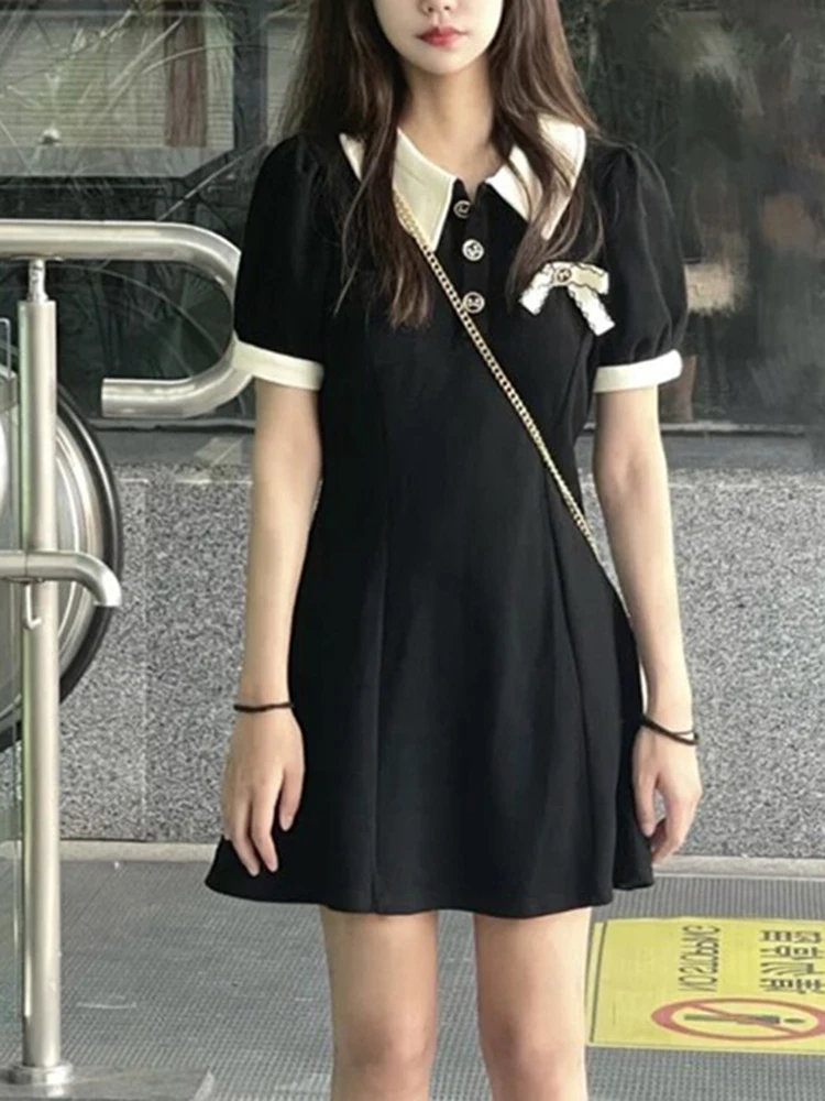 

Летнее Новое приталенное модное женское платье контрастных цветов, милое элегантное женское платье, простые черные платья с воротником-поло, женское платье Chicly