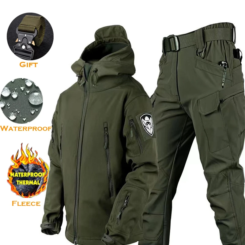 Waterproof Hiking Tracksuit Set for Men Sharkskin Army Jackets Camping Coat Tactical Pants, Warm Fishing Fleece Trousers, Winter