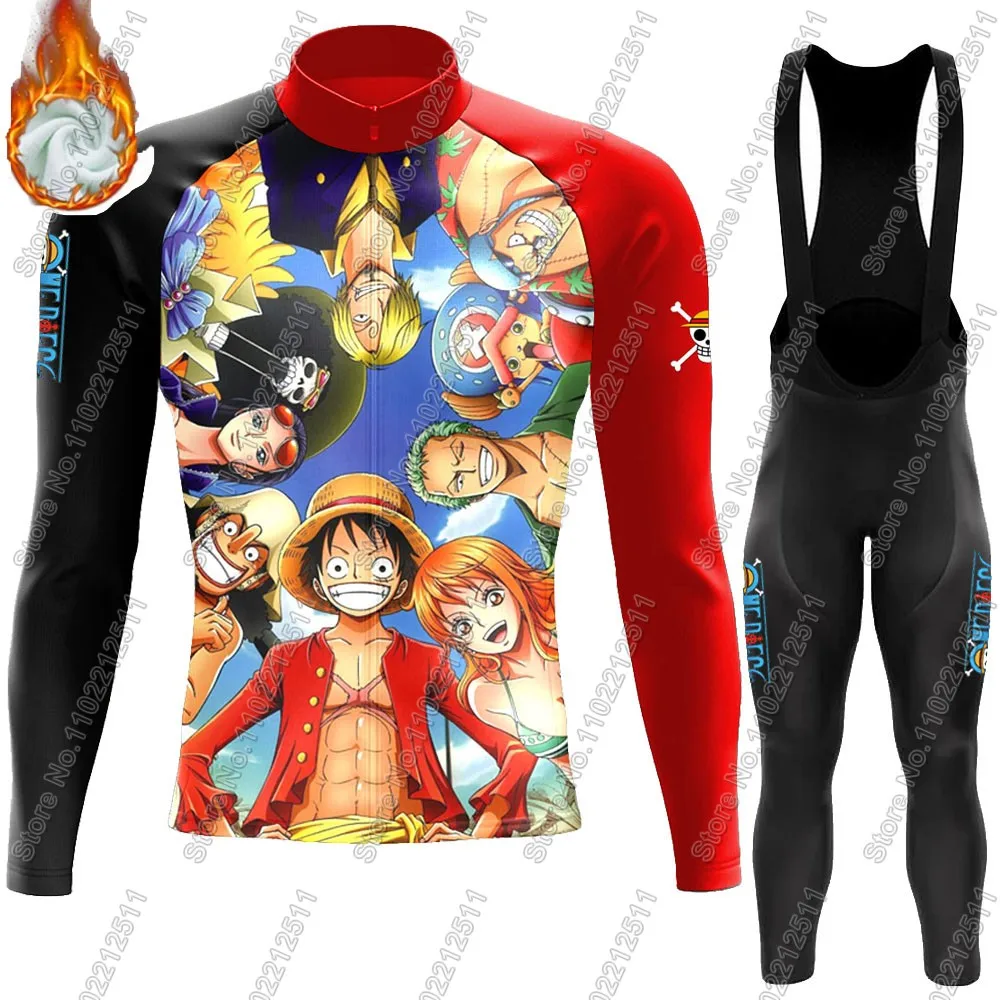 Winter 2025 One Piece Luffy Cycling Jersey Set Men Thermal Fleece Clothing Suit Long Sleeve MTB Bike Road Pants Bib Maillot Ropa