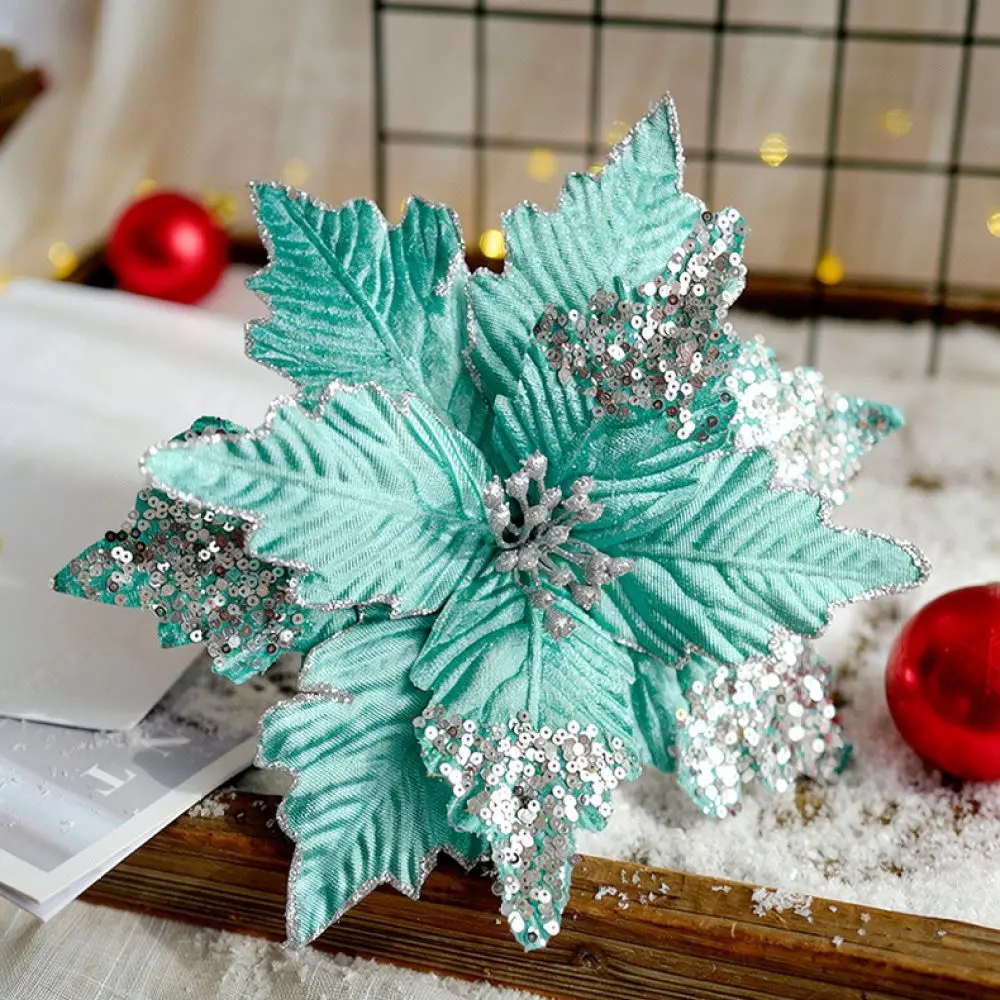 Premium Velvet Sequin Xmas Flower Decor Artificial Floral Ornament For Holiday Celebration Home Table Setting