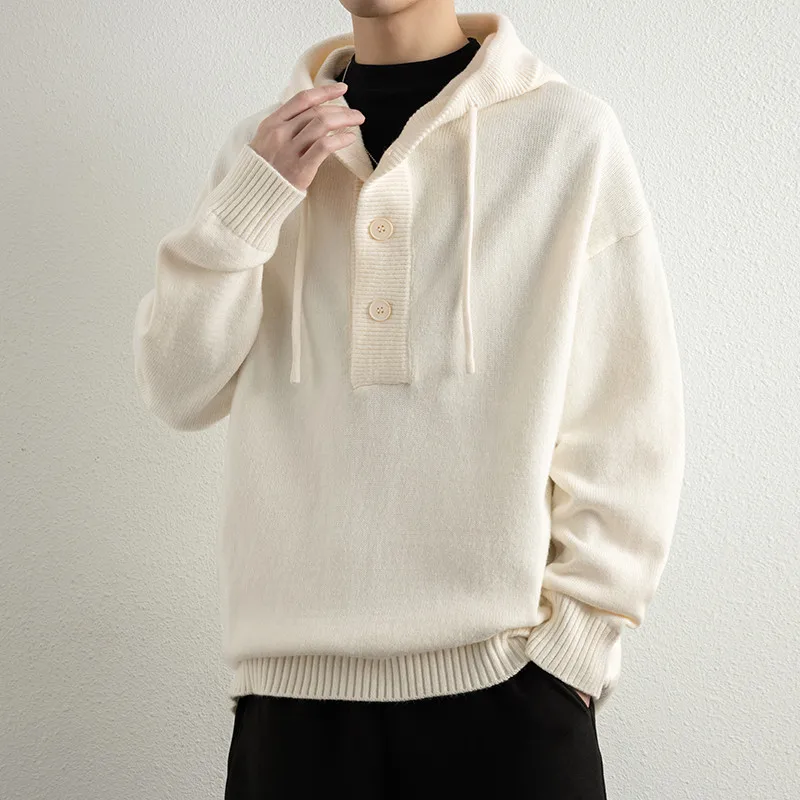 2026 Autumn Winter Men Casual Knitted Hoodie Men Solid Color Hooded Casaul Sweaters Male Loose Sweater Man Pullovers