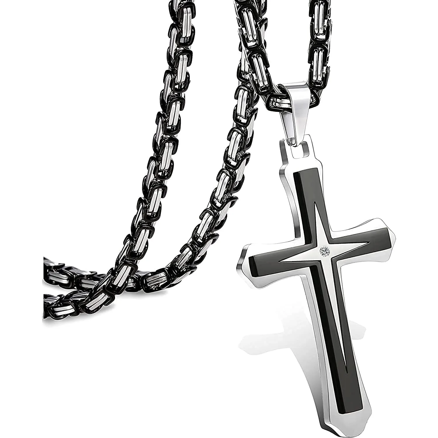 FASACCO Mens Cross Necklace Black Stainless Steel Byzantine Chain Hypoallergenic Cool Pendant Jewelry Gift For Men Daily Wear