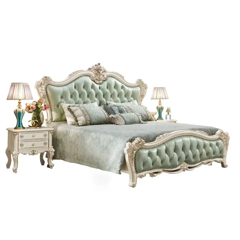 European Luxury Leather Queen Size Bed Set Modern Solid Wood Frame Soft Upholstered Bedroom Furniture