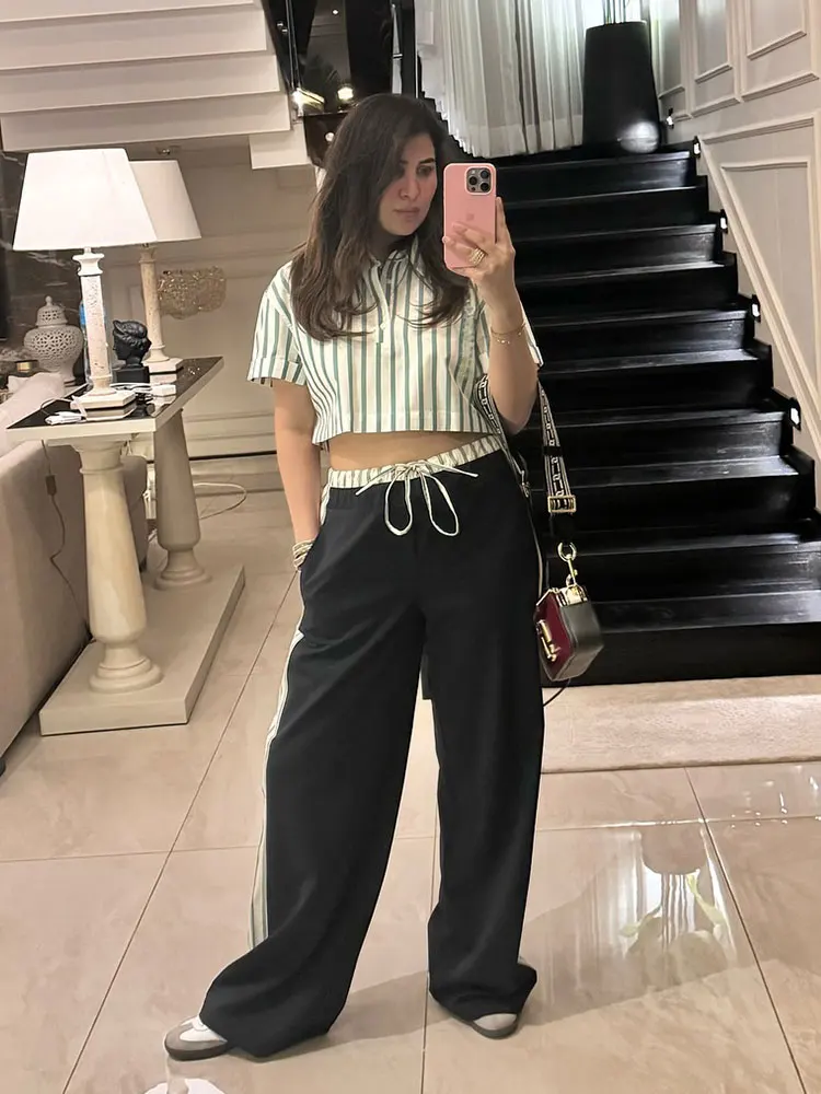 2024 Spring New Female Stripes Lapel Short Sleeves Buttons Shirt Top + Lace Up Elastic Waist Woman Wide Leg Long Pant