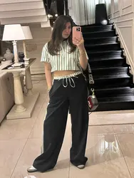 2024 Spring New Female Stripes Lapel Short Sleeves Buttons Shirt Top + Lace Up Elastic Waist Woman Wide Leg Long Pant