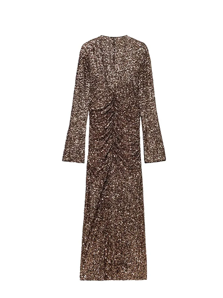 HH Abito lungo sexy da donna con scollo a V e paillettes con orlo a fessura Decorazione Abito lungo femminile elegante maniche lunghe Abiti da sera sottili