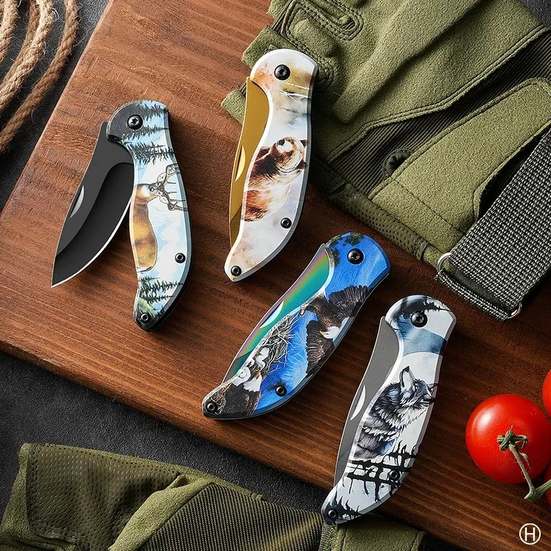 1pc/4pcs Patterned Handle Stainless Steel Folding Knife Outdoor Portable Fruit Knife Mini Survival Knife Camping KR9195