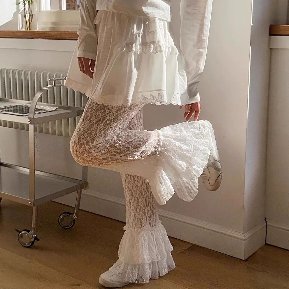 

Womens Dress 2026 Spring Summer Korean Version with Black Fungus Lace Jacquard Lace Flared Pants Solid Color Casual Daily Wear