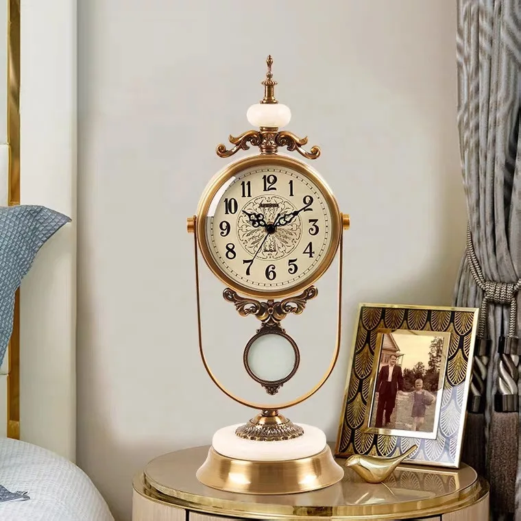 

European fashion retro creative sense large metal jade marble table home silent metal pendulum clock elegant