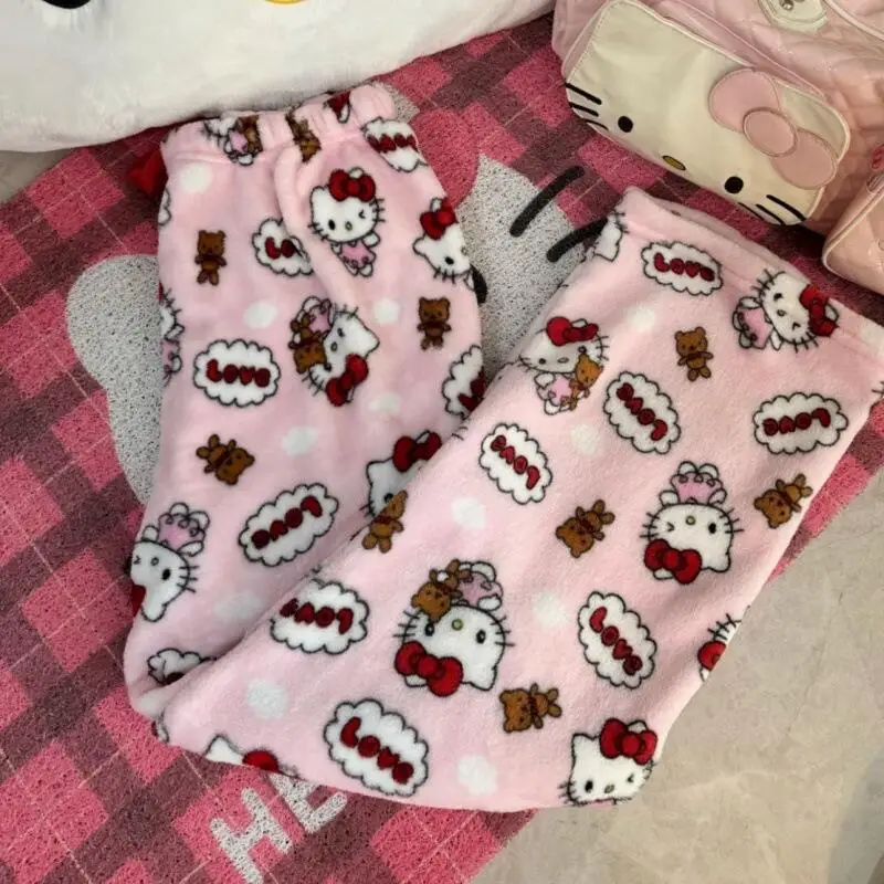 Kawaii Hello Kitty flanelle pyjama pantalon filles pantalon automne et hiver corail velours épaissi Plus velours chaud décontracté maison pantalon