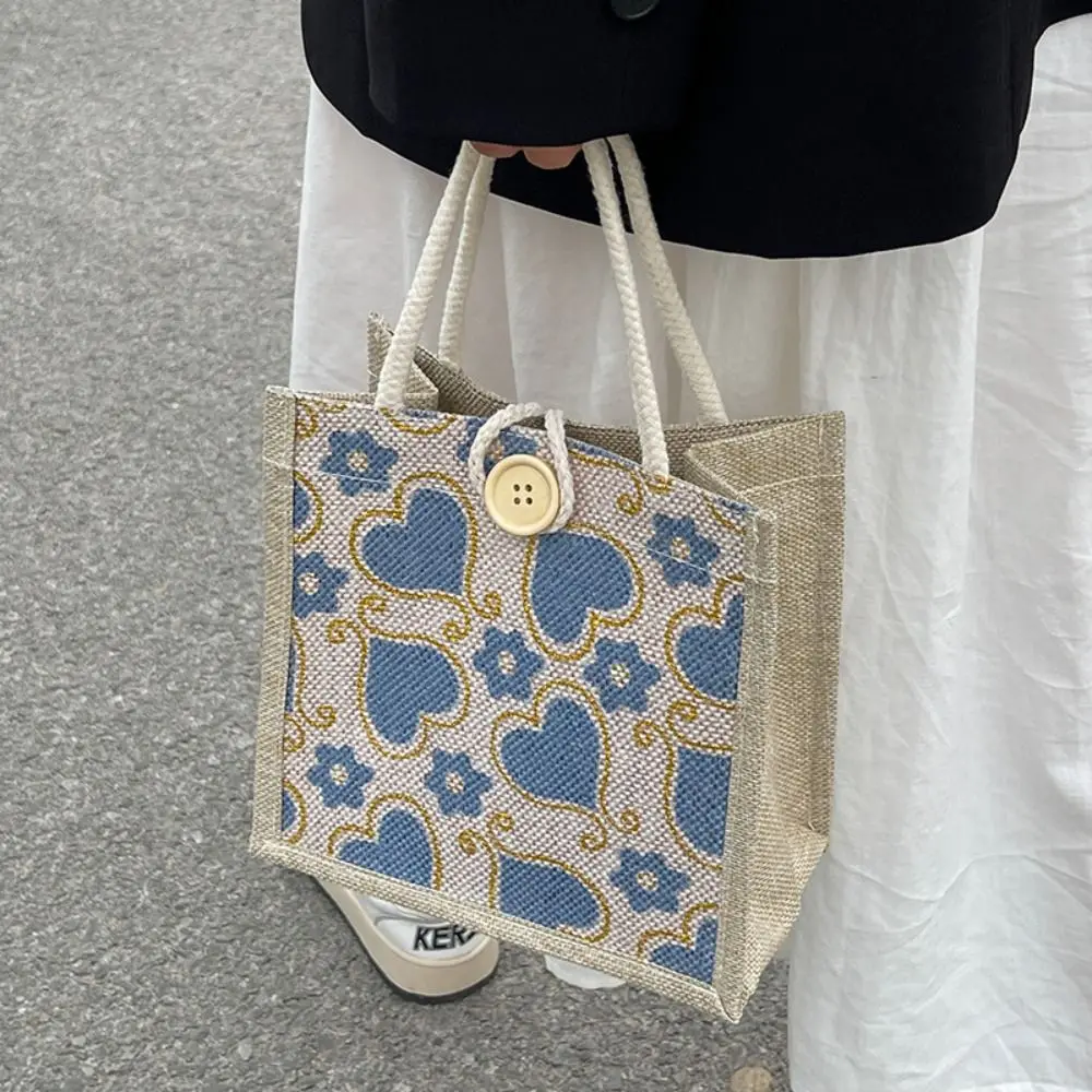 Women Linen Fabric Canvas Handbag Portable With Button Reusable Makeup Storage Small Tote Love Flower Print Lunch Bags