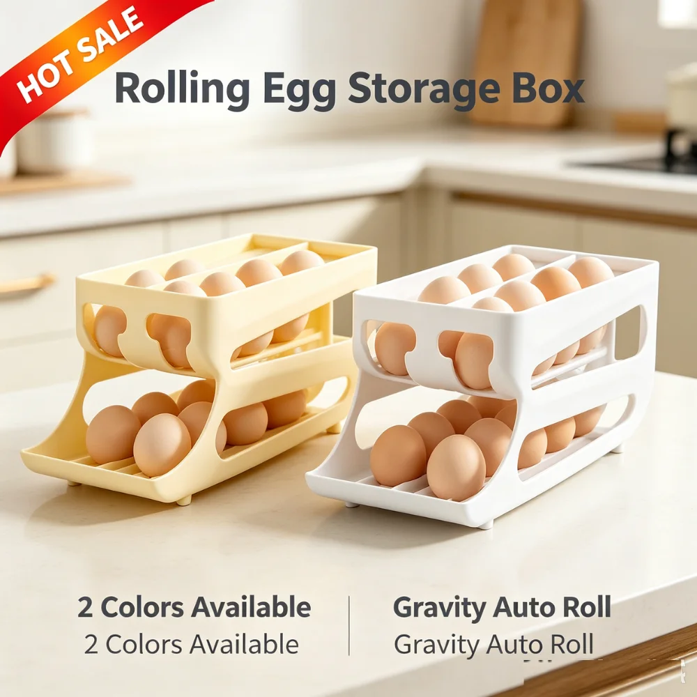 Multi Tier Rolling Egg Holder Gentle Gravity Feed Plastic Organizer with Safe Track for Fridge Kitchen Counter Storage