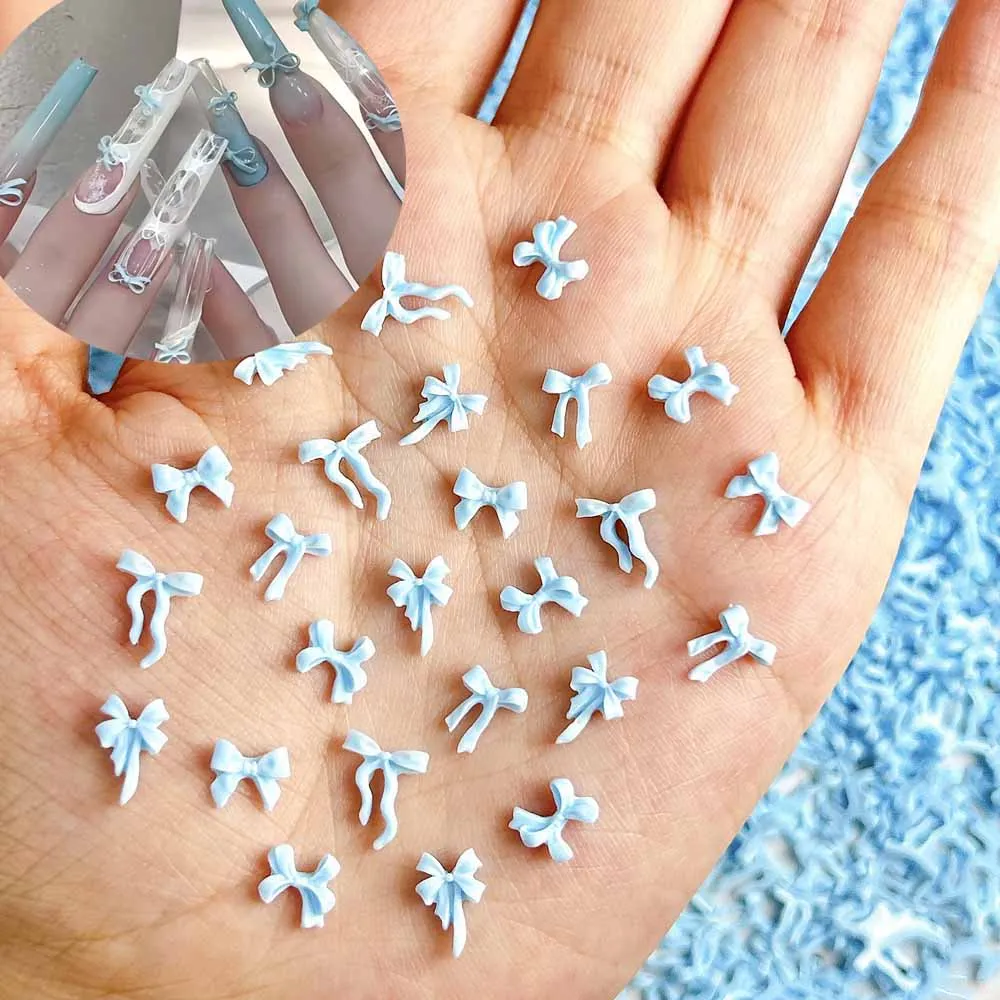 

100 шт., милый синий бант, 3D украшения для дизайна ногтей, мини-лента из смолы, подвески для ногтей, стразы, подвески, аксессуары для ногтей, маникюр, сделай сам