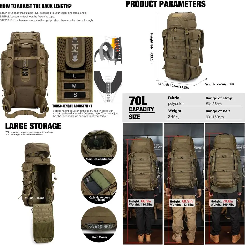 

Рюкзак с внутренним каркасом 70 л для активного отдыха: походов, кемпинга, охоты, с дождевиком