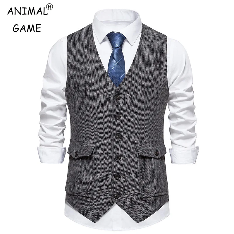 Mens Vintage Suit Vest V Neck Casual Wool Waistcoat for Wedding Groomsmen