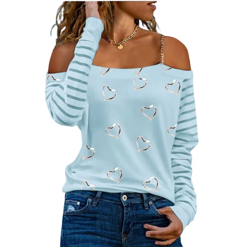 Nice Spring Autumn Fashion Women's Love Printed Long Sleeve Clothing Casual Strapless Halter Top Loose Bottoming Shirt Woman Tsh