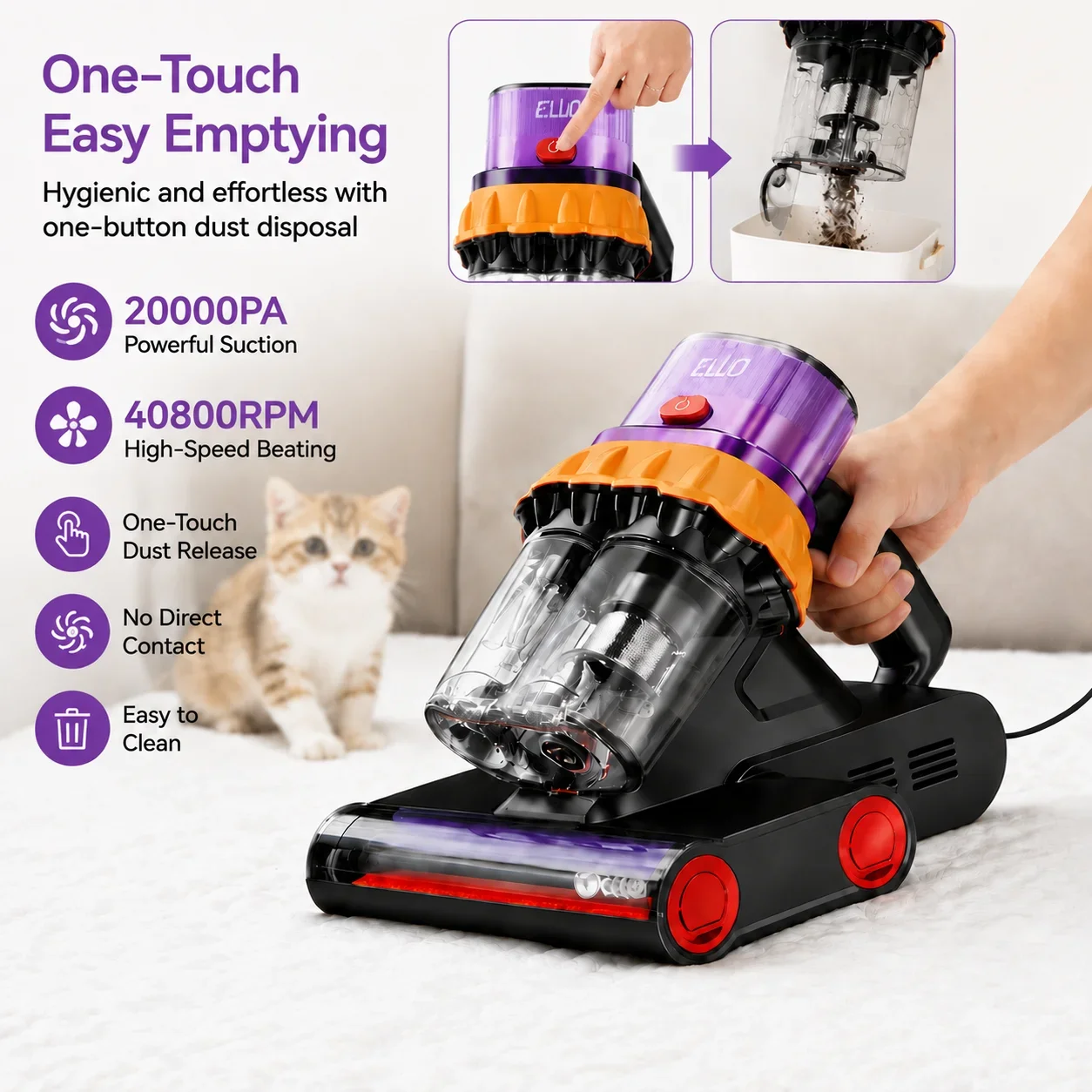 E.LUO Mattress Vacuum Cleaner, 20KPa Powerful Bed Vacuum with Digital Display, 5-Cyclone Filtration System & HEPA Filter, Handheld Cleaner for Mattress, Carpet, Sofa and Pet Hair Removal