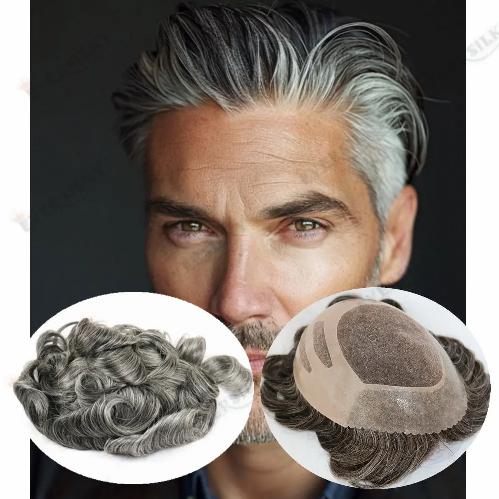 

Мужской парик Bond Серый Коричневый Блондинка Человеческие волосы Моно Кружева PU спереди и NPU сзади Прочный мужской капиллярный протез 100% натуральный парик
