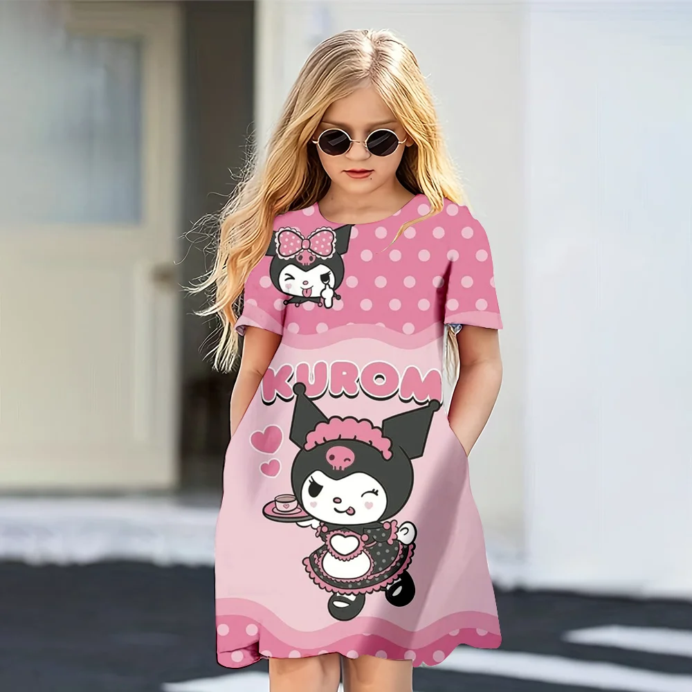 MINISO New Girls Summer Dress Fashion Cartoon Cute Hello Kitty Friend 3D Print Dresses Short Sleeve Princess Vacation Clothing