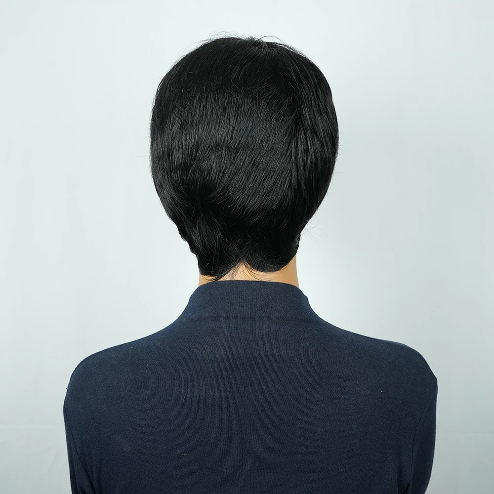 Peruca Curta de Cabelo Humano de 4 Polegadas, Peruca Pixie Cut, Cabelo Brasileiro Liso, Peruca de Cabelo Preto e Azul, Pré-arrancada, Feita à Máquina
