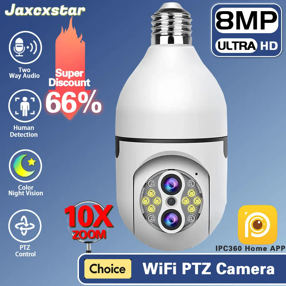 

10X PTZ Zoom 4K 8MP Wifi E27 Bulb Security Baby Monitor Wireless indoor smart Dual Lens Light Auto Tracking Surveillance Camera