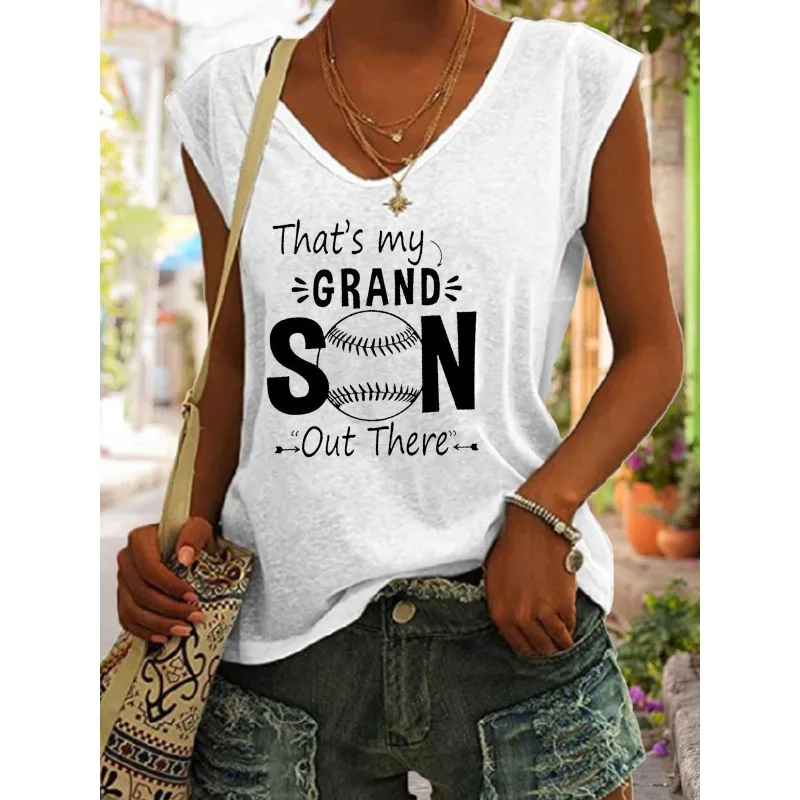 Chic Women's V Neck Vest Baseball Print T Shirt Summer Short Sleeve Casual Tops  Tees
