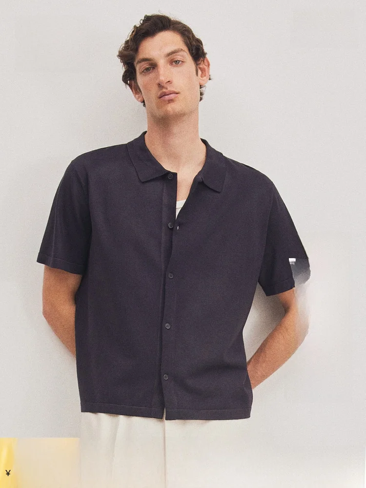 

H&M Men's Standard Fit Fine Knit Shirt Summer Casual Style Short Sleeve Pure Color Button up Casual Wear Home Outdoor Daily