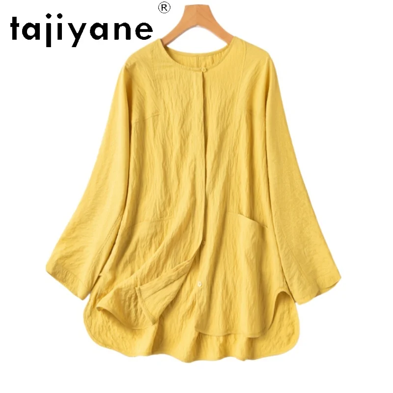 

Женская блузка TAJIYANE из 76% натурального шелка тутового шелкопряда, свободного кроя, желтая, с длинным рукавом, весенняя, 2026