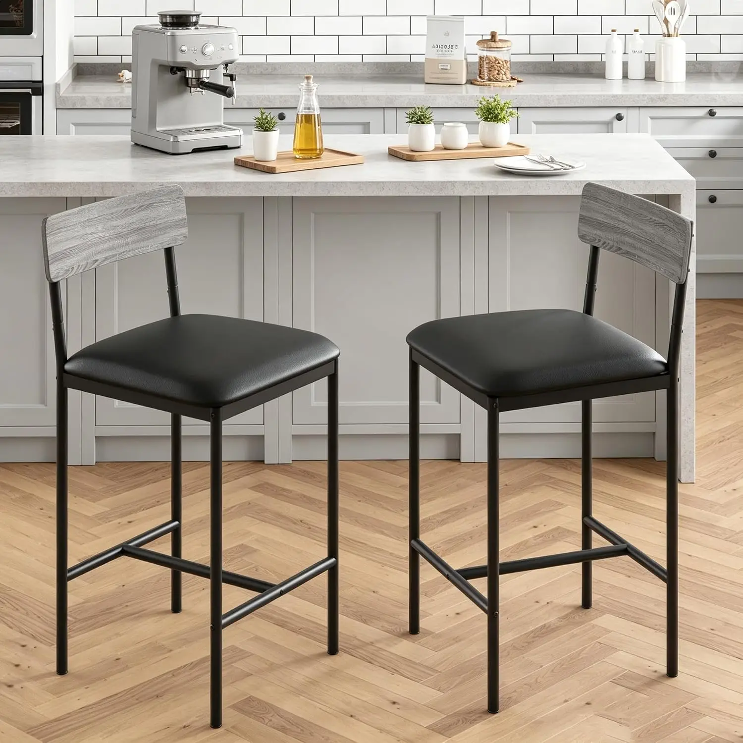 25.5inch Bar Stools Set of 2 Upholstered Bar Stools with Back & Footrest 25.5'' Counter Height Kitchen Chairs Comfortable Thick Cushion Easy Assembly