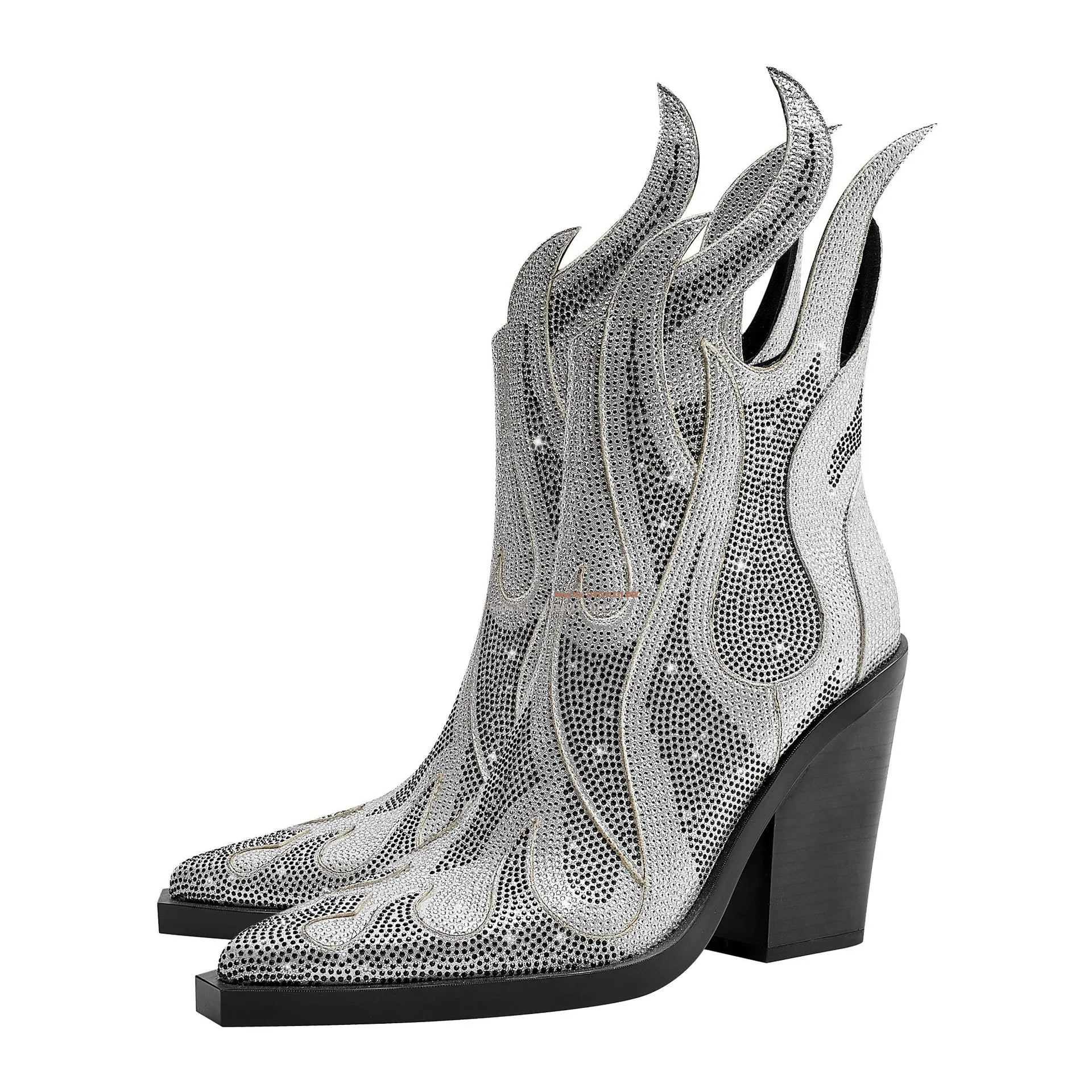 

Flaming Version Design Crystal Metallic Western Cowboy Boots Women Pointed Toe Slip On Short Boots