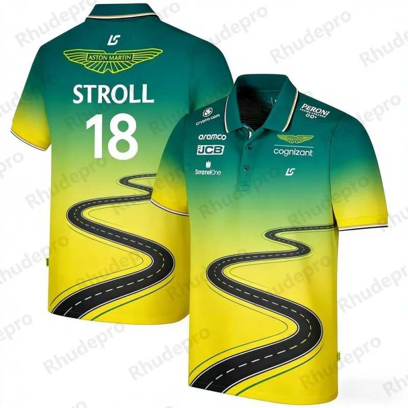 アストンマーティン-チーム-ストロール-18-レーシングテーマ-半袖ポロシャツ-グラデーションデザイン-f1-ファンアパレル-スポーツウェア