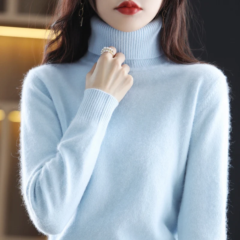 Autumn and winter new 100% mink velvet women\'s sweater turtleneck knit pullover slim fashion soft warm solid color 23-color top